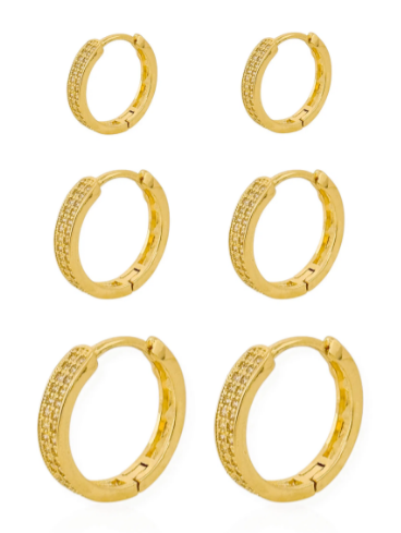 Trio de Brinco Dourada Argola Com Micro Zircônia