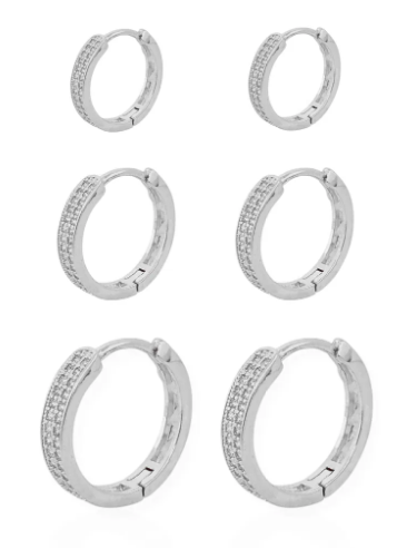 Trio de Brinco Prata Argola Com Micro Zircônia