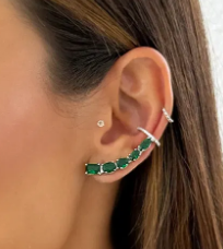 Brinco Prata Ear Cuff Formas de Cristal Verde