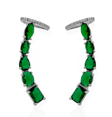 Brinco Prata Ear Cuff Formas de Cristal Verde