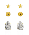 Trio de Brinco Estrela Lisa Com Esfera e Gota Cristal