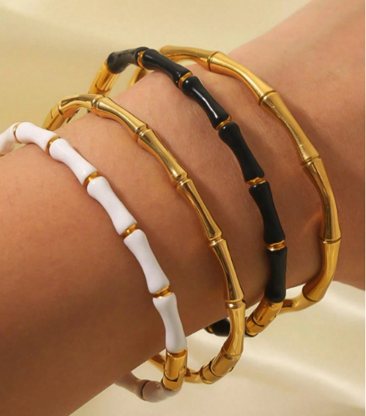 Conjunto Minimalista de Pulseira de Bracelete de Bambu de Aço